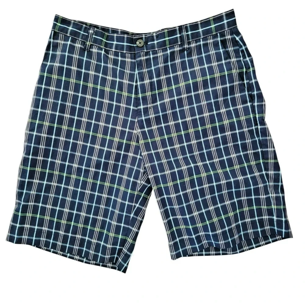 Adidas Golf Shorts‎ Mens 34 Navy Blue Plaid Performance Flat Front Stretchy